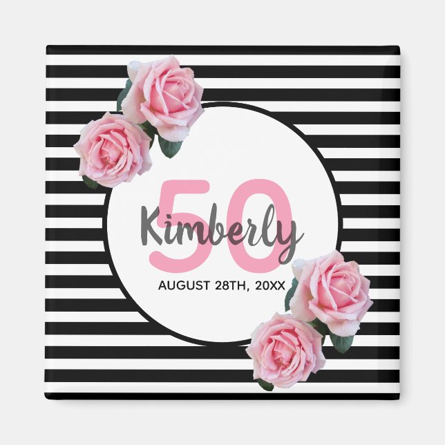 50th birthday pink roses black stripes name magnet (Front)