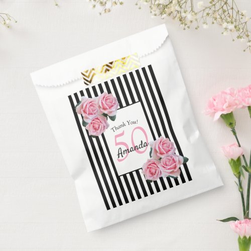 50th birthday pink roses black white stripes favor bag