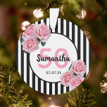 50th birthday pink roses black white stripes ornament<br><div class="desc">Classic slim black and white vertical stripes as background. With girly, feminine and romantic pink roses as decoration. A white and black frame on front with template for age, name and date. Age number 50 in pink, name and date in black. The name is written with a hand-lettered style script....</div>