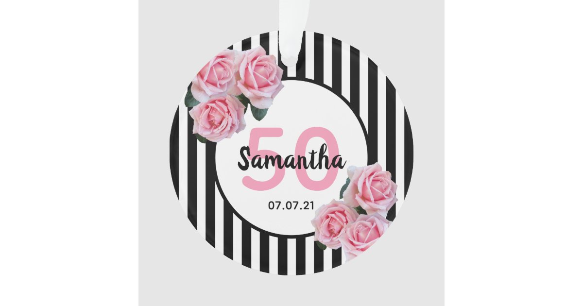 50th Birthday Pink Roses Black White Stripes Ornament Zazzle Com