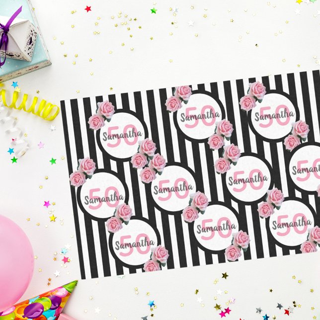 50th birthday pink roses black white stripes tissue paper (Creator Uploaded)