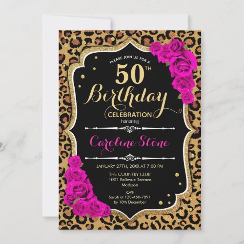 50th Birthday _ Pink Roses Leopard Print Invitation