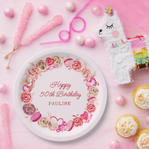 50th Birthday Pink Roses Swirly Heart Paper Plates