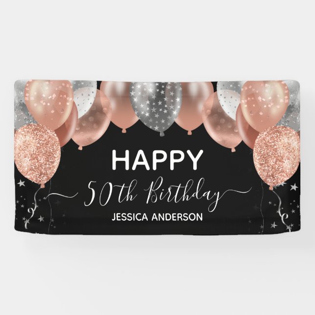 50th Birthday Pink Silver Balloons Banner (Horizontal)