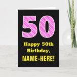 [ Thumbnail: 50th Birthday: Pink Stripes and Hearts "50" + Name Card ]