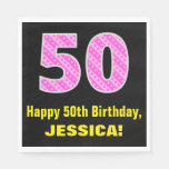 [ Thumbnail: 50th Birthday: Pink Stripes and Hearts "50" + Name Napkins ]