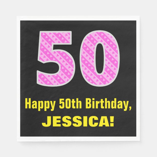 50th Birthday: Pink Stripes and Hearts "50" + Name Napkins (Front)