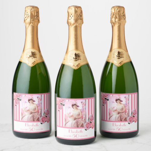 50th birthday pink stripes floral photo name sparkling wine label