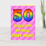 [ Thumbnail: 50th Birthday: Pink Stripes & Hearts, Rainbow # 50 Card ]