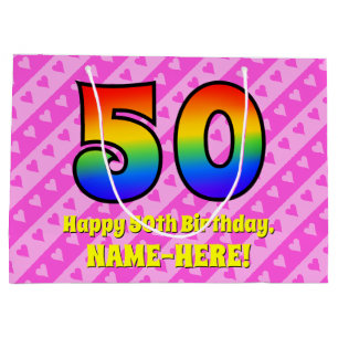 50th Birthday: Pink Stripes & Hearts, Rainbow # 50 Large Gift Bag
