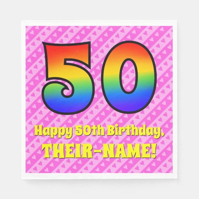 50th Birthday: Pink Stripes & Hearts, Rainbow # 50 Napkins (Front)