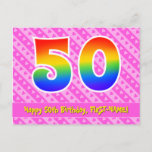 [ Thumbnail: 50th Birthday: Pink Stripes & Hearts, Rainbow 50 Postcard ]
