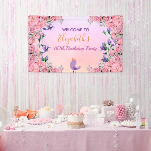 50th birthday pink violet garden florals cute bird banner