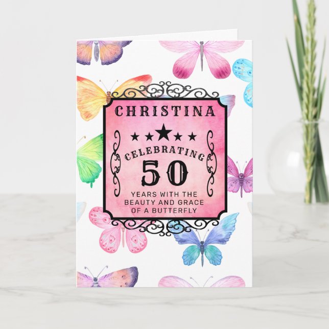 50th Birthday Pink Watercolor Butterfly Greeting Card (Front)