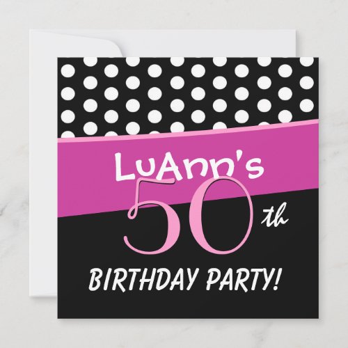 50th Birthday Pink White Red Polka Dots D422 Invite