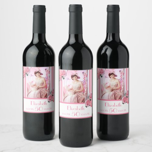 50th birthday pink white stripes floral photo wine label
