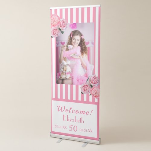 50th birthday pink white stripes flowers photo retractable banner