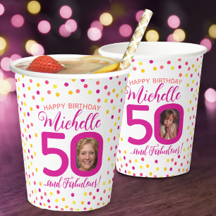 50th birthday pink yellow confetti two photos paper cups