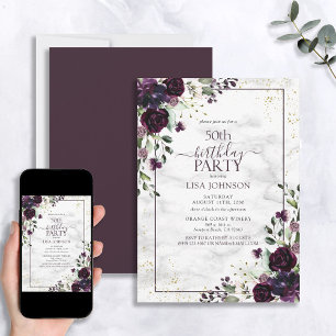 50th Birthday Plum Purple Gold Watercolor Marble Invitation