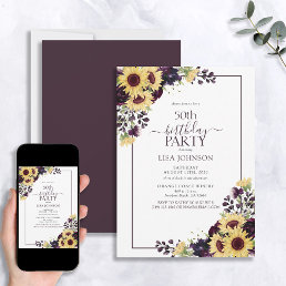 50th Birthday Plum Purple Sunflower Watercolor Invitation