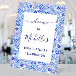 50th Birthday Portuguese Tiles Welcome Pedestal Sign<br><div class="desc">A 50th birthday party welcome sign framed by a pattern of traditional Portuguese tiles, or azulejos, in blue and white. The word "welcome" appears at the top in elegant navy blue handwriting script with swashes at the beginning and end. Customize with the names of the honoree and the birthday year...</div>