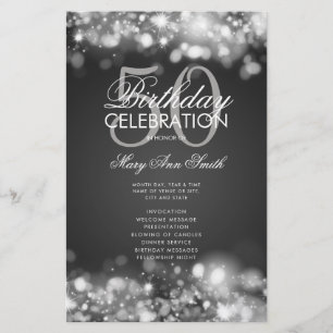 50th Birthday Program Glam Lights Menu Silver Flyer