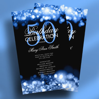 50th Birthday Program Glam Lights Navy Blue Menu  Flyer by Rewards4life at Zazzle