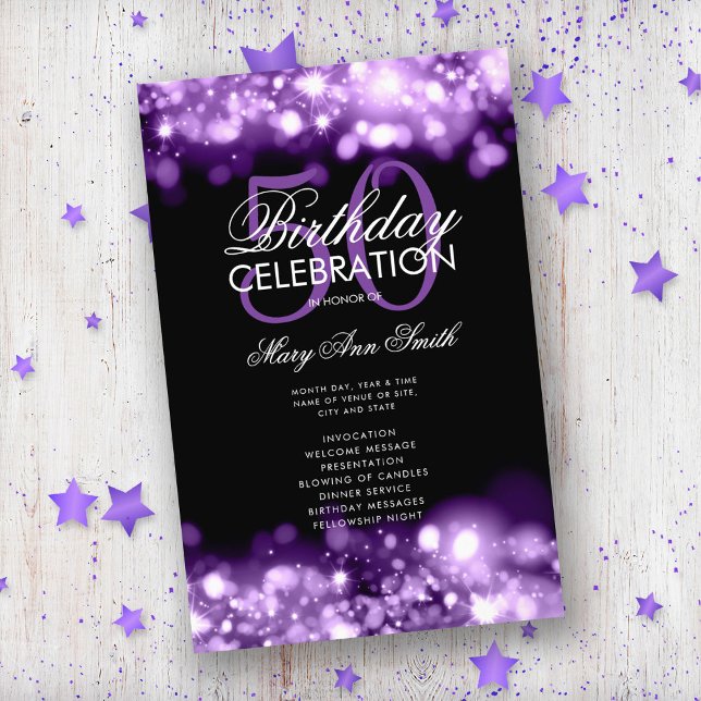 50th Birthday Program Glam Lights Purple Menu Flyer (Creator Uploaded)