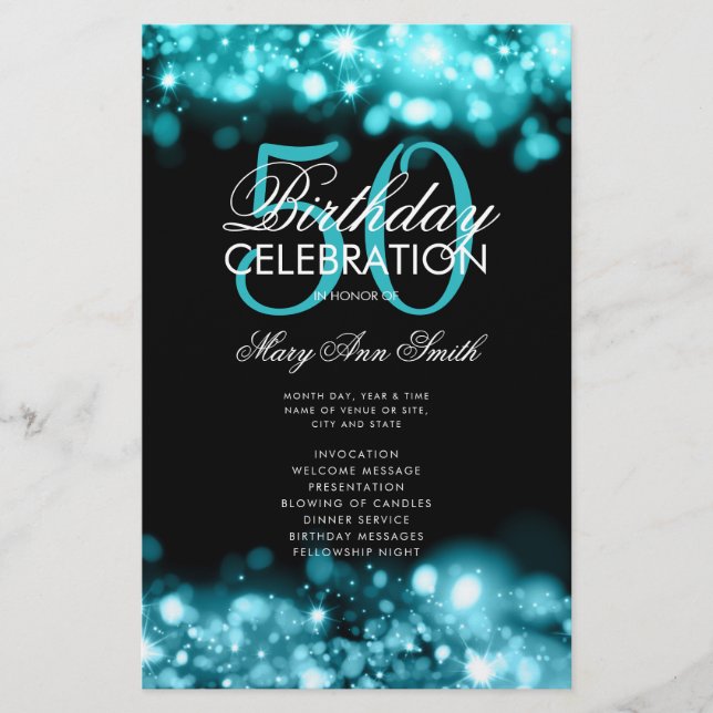 50th Birthday Program Glam Lights Teal Menu Flyer (Front)