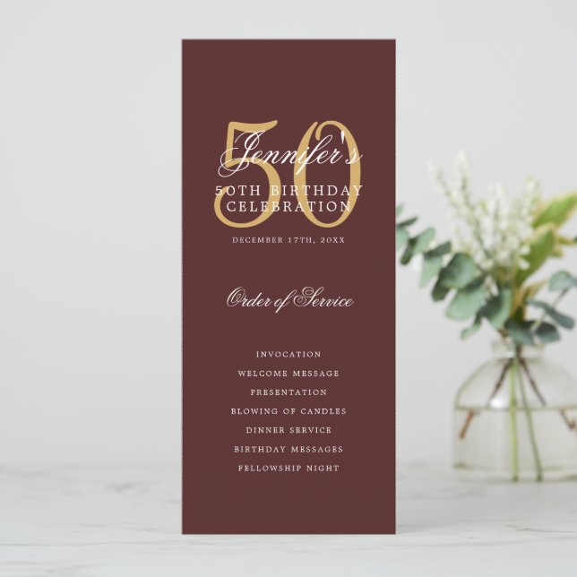 50th Birthday Program Gold Burgundy Thank You (Standing Front)