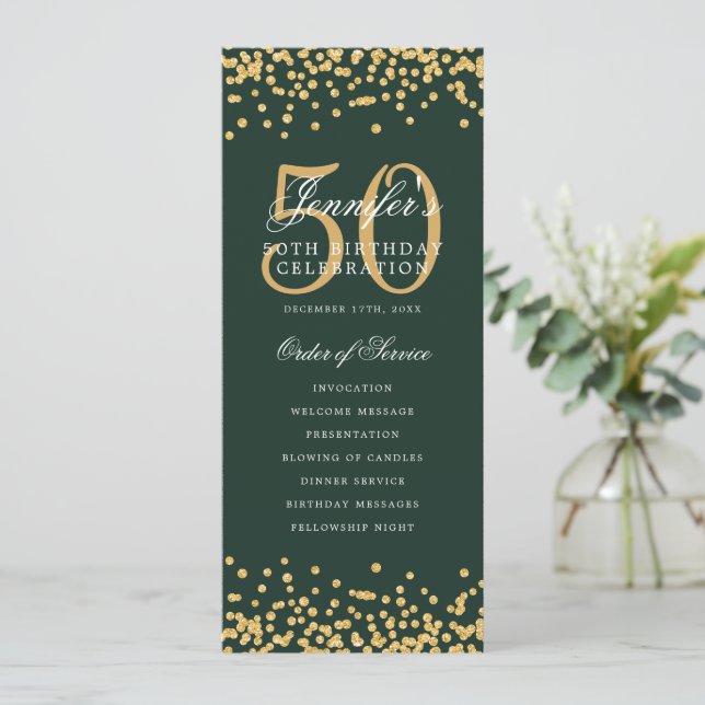 50th Birthday Program Gold Confetti Green (Standing Front)