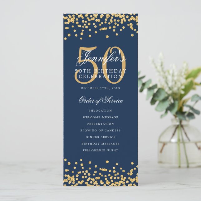 50th Birthday Program Gold Confetti Menu Navy Blue (Standing Front)