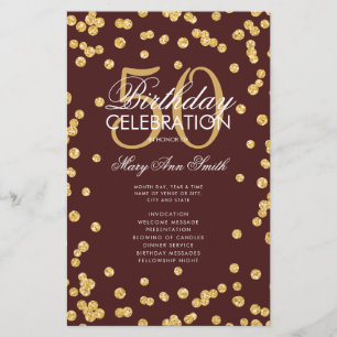 50th Birthday Program Gold Glitter Burgundy Menu Flyer