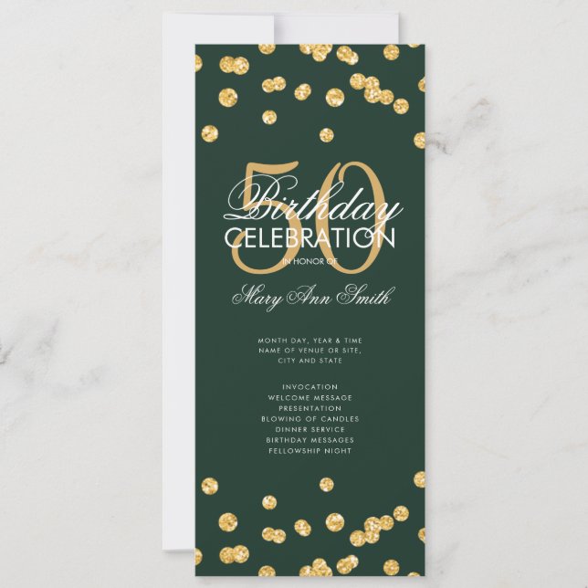 50th Birthday Program Gold Glitter w/ Menu Emerald (Front)