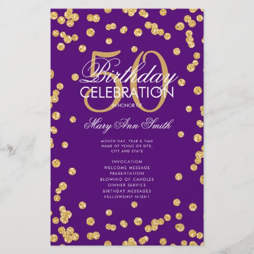 50th Birthday Program Gold Glitter w Menu Purple  Flyer