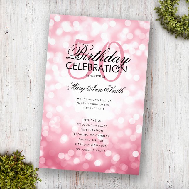 50th Birthday Program Lights Rose Gold w/ Menu  Flyer (Creator Uploaded)