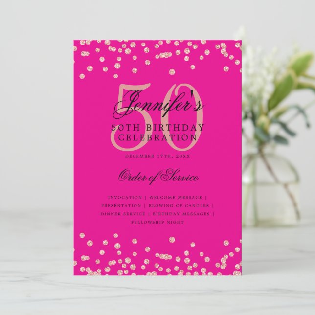 50th Birthday Program Menu Rose Gold Hot Pink (Standing Front)