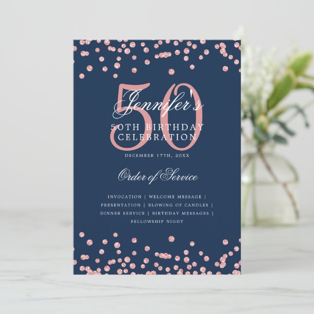 50th Birthday Program Menu Rose Gold Navy Blue  (Standing Front)