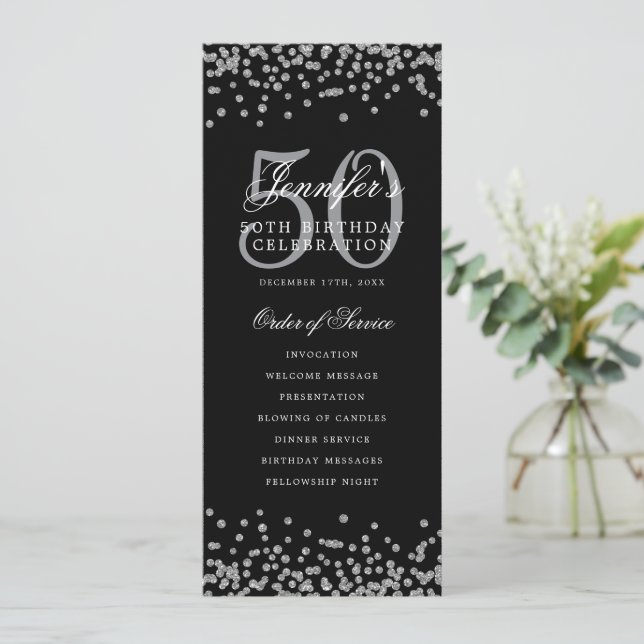 50th Birthday Program Menu Thank U Silver Confetti (Standing Front)