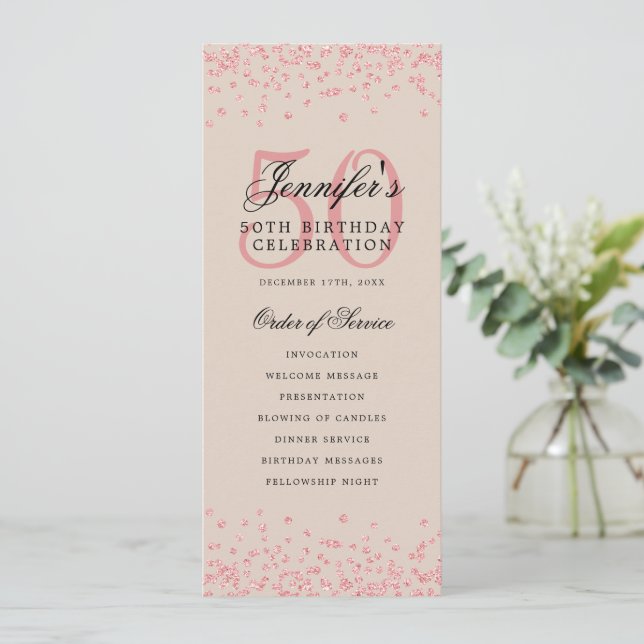 50th Birthday Program Rose Gold Confetti Champagne (Standing Front)