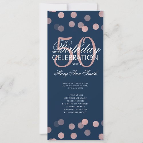 50th Birthday Program Rose Gold Confetti Menu Navy