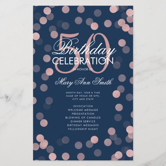 50th Birthday Program Rose Gold Confetti Menu Navy (Front)