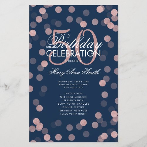 50th Birthday Program Rose Gold Confetti Menu Navy Flyer