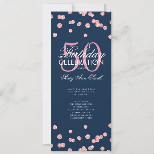 50th Birthday Program Rose Gold Glitter Menu Navy 