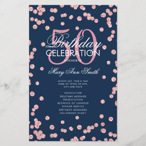 50th Birthday Program Rose Gold Glitter Menu Navy  Flyer