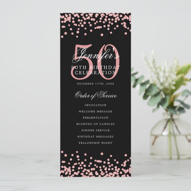 50th Birthday Program Rose Gold Menu Black (Standing Front)