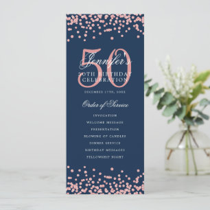 50th Birthday Program Rose Gold Navy Blue Confetti