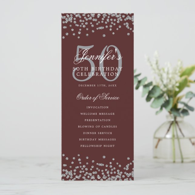 50th Birthday Program Silver Burgundy Confetti (Standing Front)