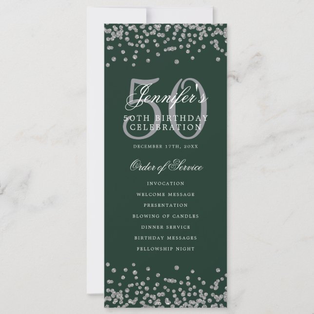 50th Birthday Program Silver Confetti Menu Green  (Front)