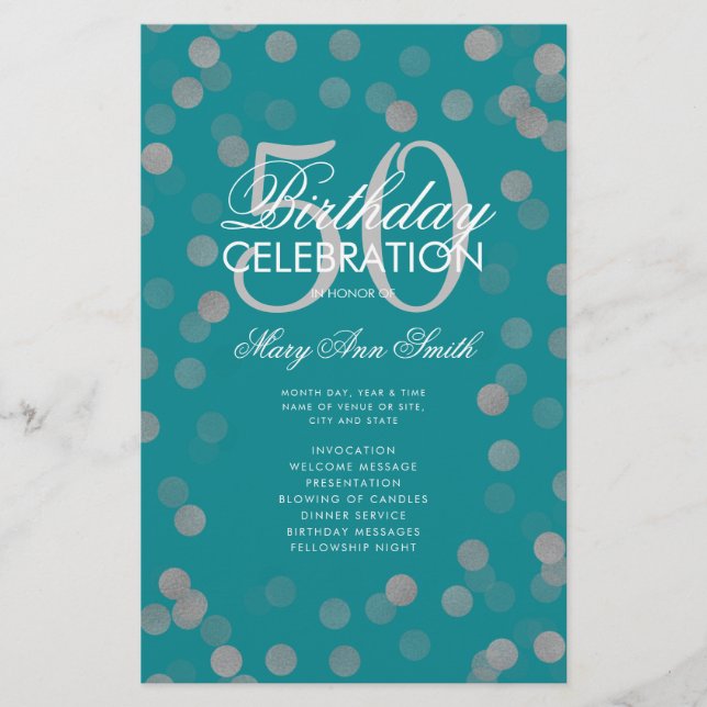 50th Birthday Program Silver Confetti Menu Teal  Flyer (Front)